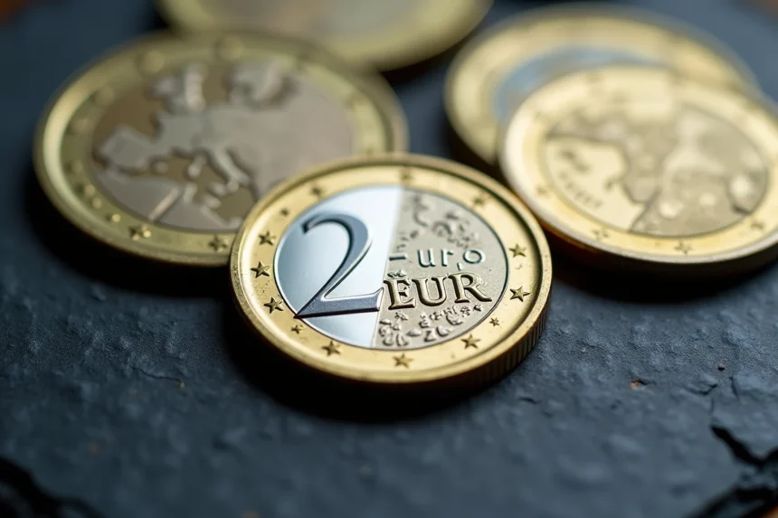 Pièce de 2 euros rare avec erreur de frappe visible en gros plan sur ardoise sombre