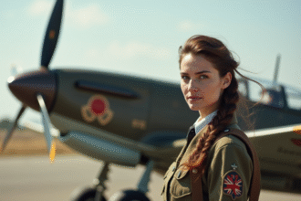 Pilote femme de la RAF en uniforme WWII près d'un avion