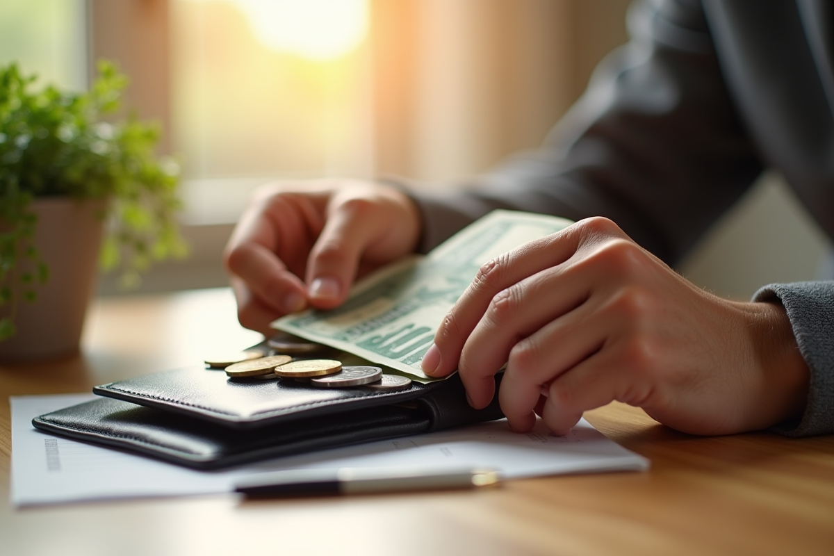 Main plaçant des pièces dans un portefeuille lumineux