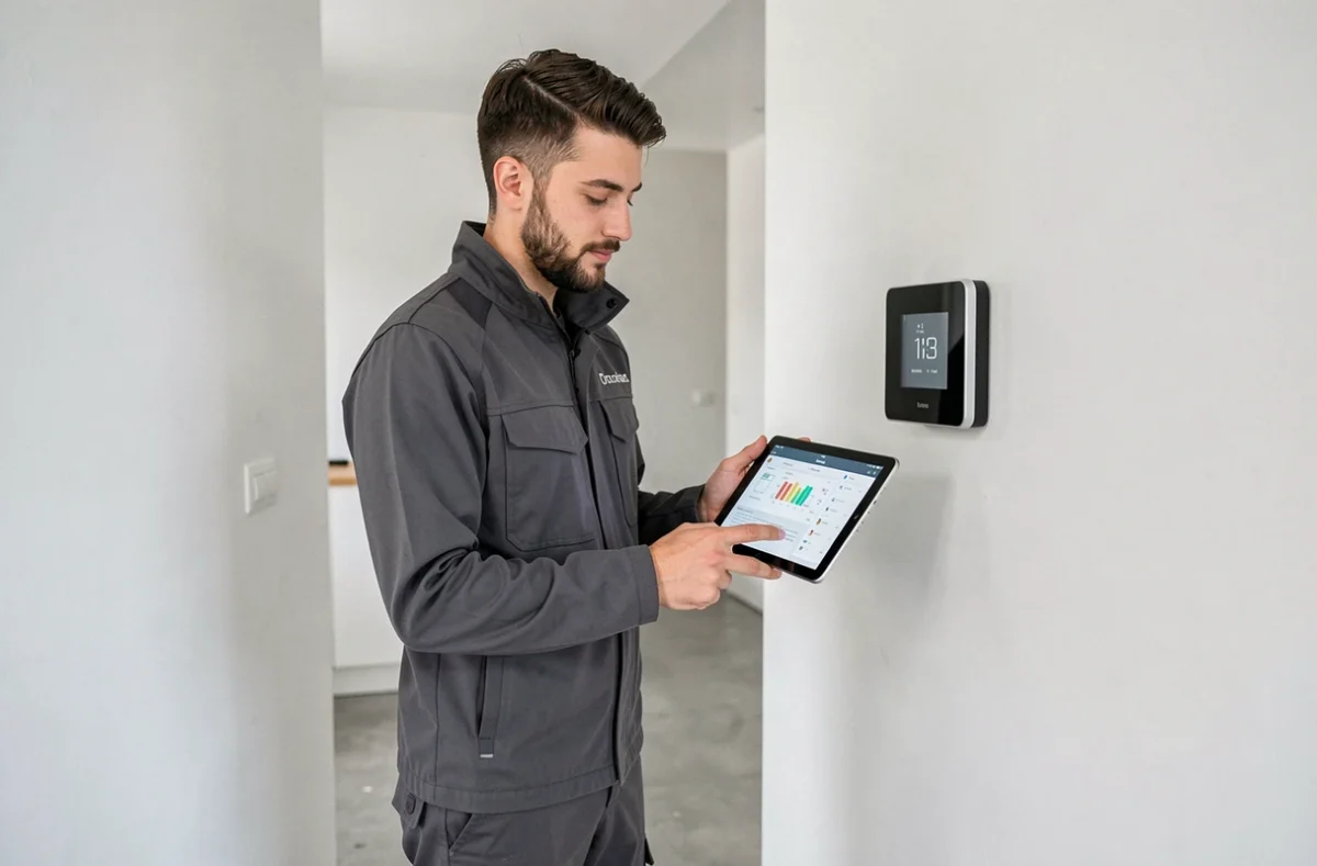 Jeune chauffagiste Planes Jérémie utilisant une tablette numérique pour configurer un système de chauffage connecté