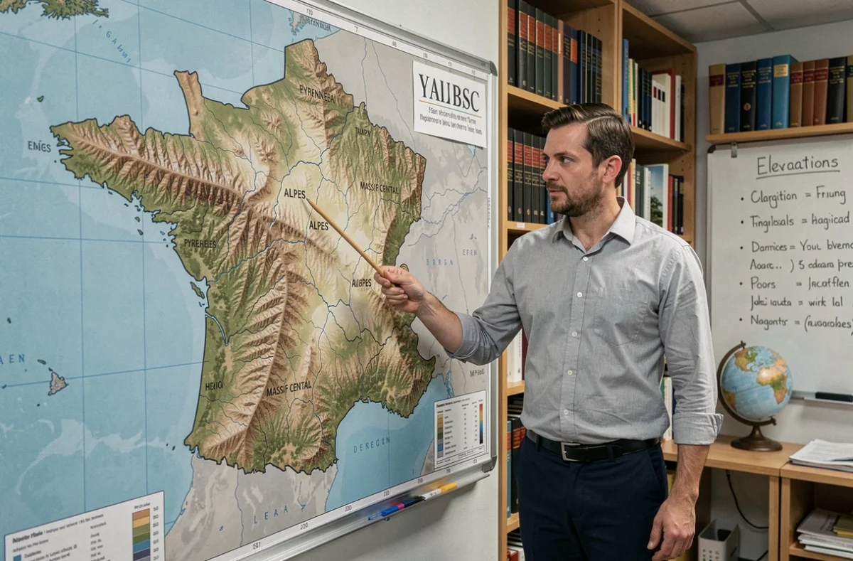Professeur de géographie pointant les massifs montagneux sur une grande carte murale haute résolution de la France