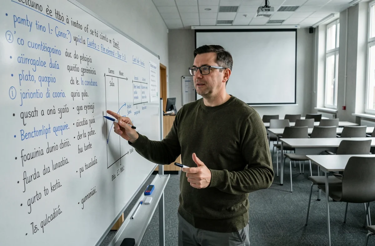 Professeur expliquant la traduction française de Siamo tutti antifascisti sur un tableau blanc universitaire