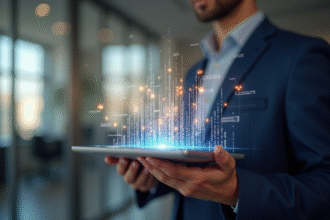 Professionnel d'affaires tenant une tablette blockchain lumineuse