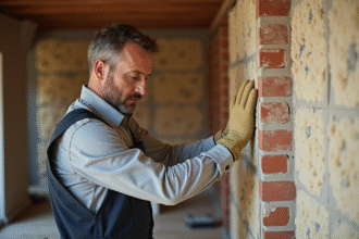 Installateur isolant appliquant laine mineral sur mur en brique