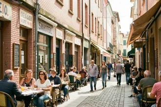 Rue animée d'un quartier populaire de Toulouse avec ses bâtiments en briques roses et ses habitants au quotidien