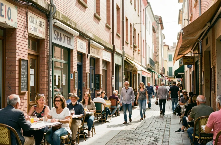 Rue animée d'un quartier populaire de Toulouse avec ses bâtiments en briques roses et ses habitants au quotidien