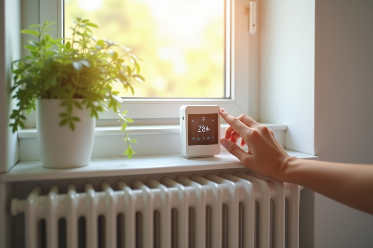 Radiateur economique avec thermostat et plante verte en lumiere naturelle