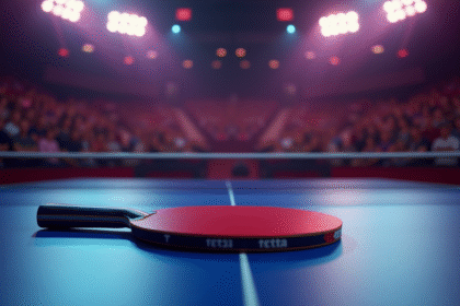 Raquette de tennis de table neuve sur une table de compétition