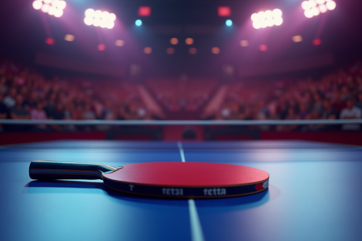 Raquette de tennis de table neuve sur une table de compétition