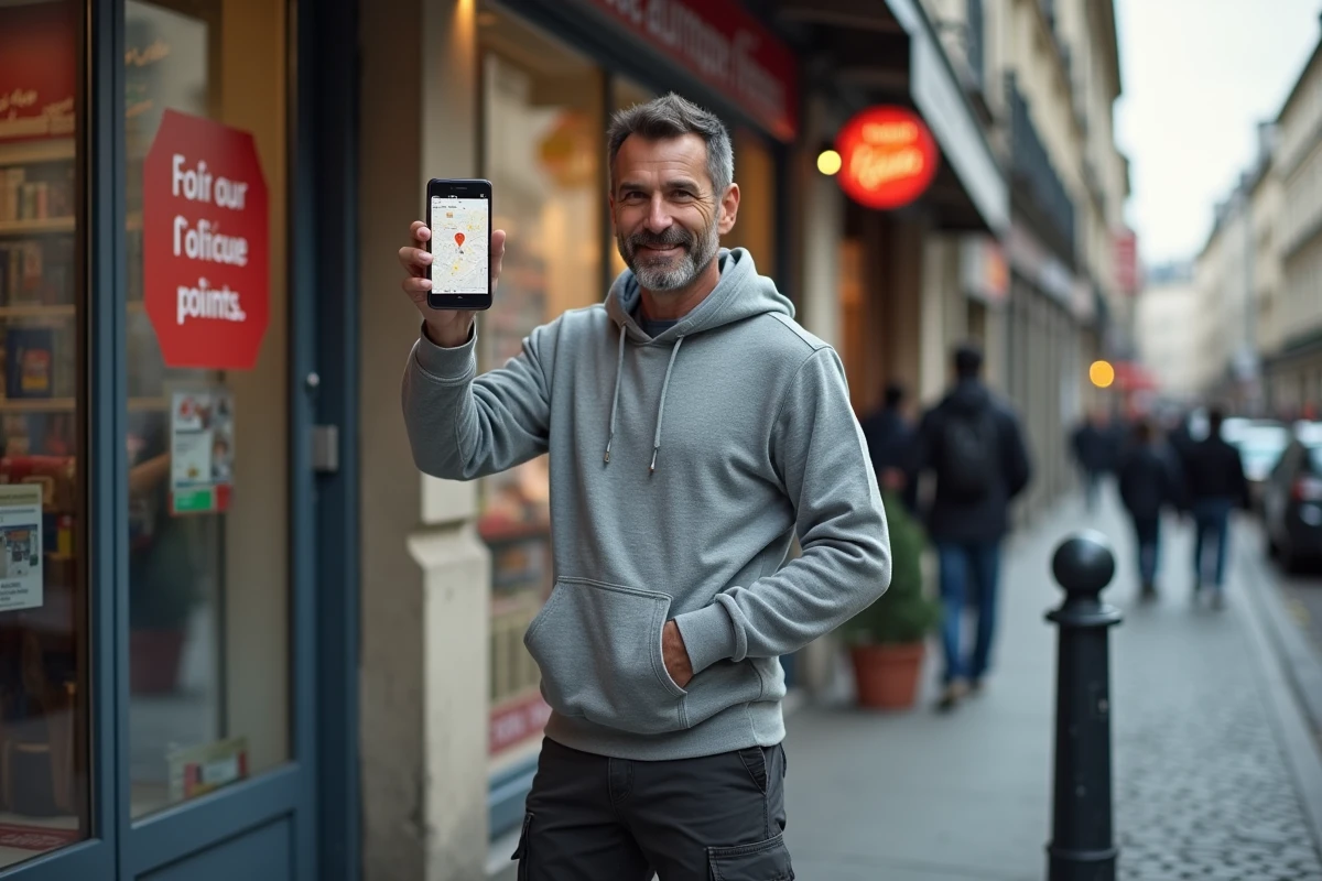 Homme cherchant un point relai Colissimo sur son smartphone devant un commerce de proximité parisien