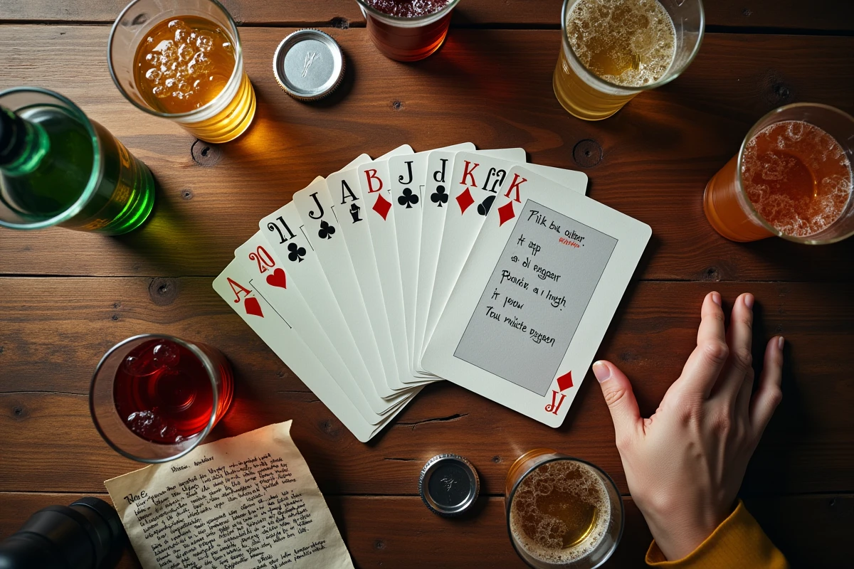 Vue aérienne d'un jeu de cartes à boire avec verres et règles manuscrites sur une table en bois rustique