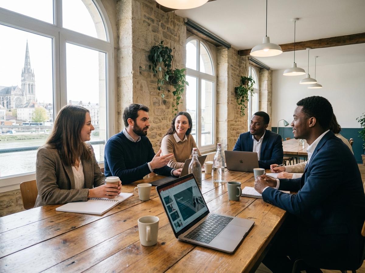 Groupe de jeunes professionnels en coworking à Rouen
