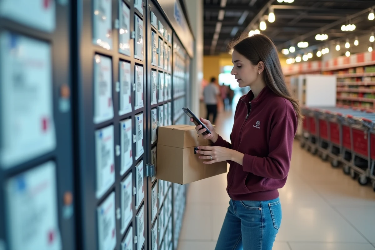 Jeune femme récupérant un colis Colissimo dans une consigne automatique à l'entrée d'un supermarché