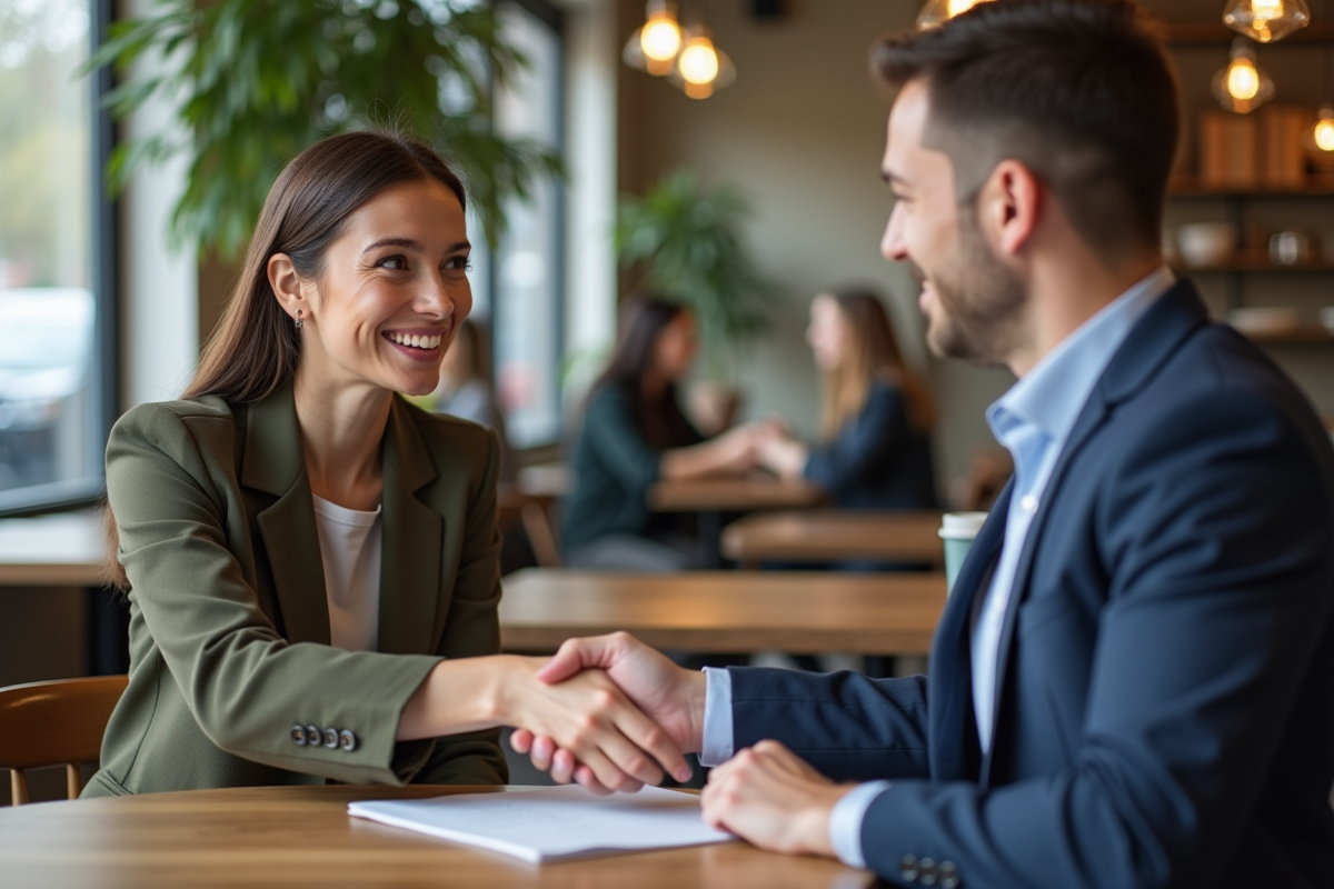 Jeune femme et homme souriants lors d'une signature d'accord