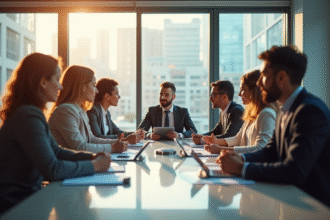 Groupe de professionnels en réunion dans un bureau lumineux