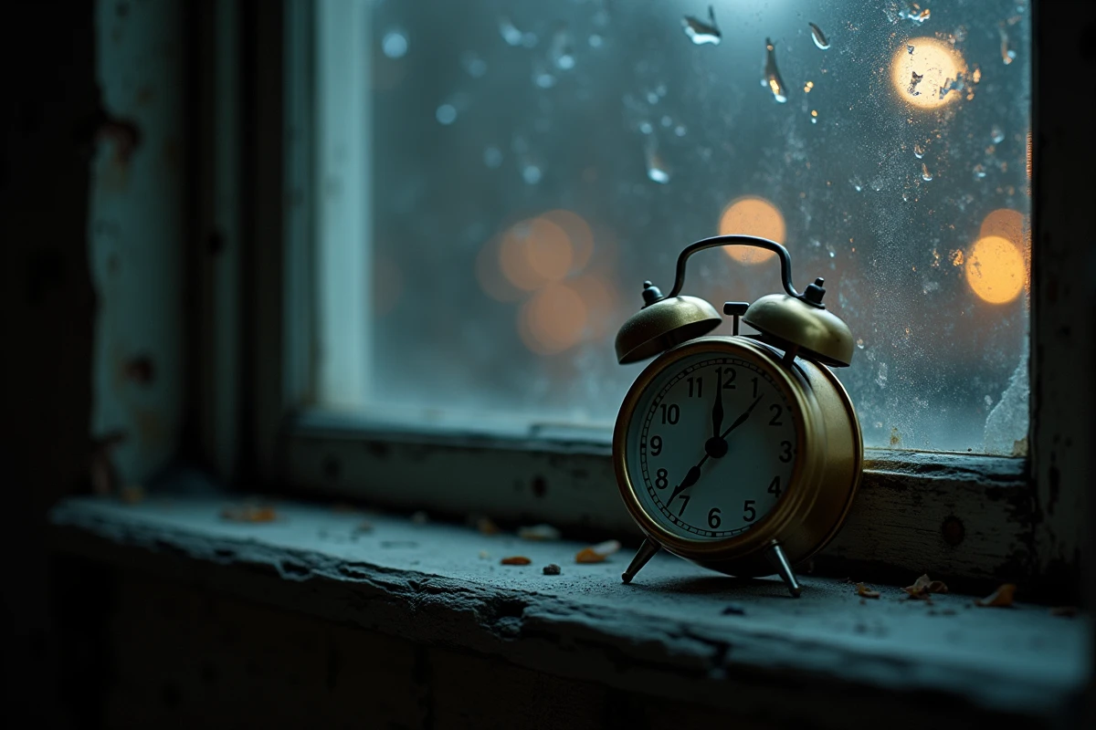 Gros plan d'un réveil en laiton indiquant 23h23 sur un rebord de fenêtre nocturne, évoquant la symbolique mystérieuse des heures miroirs