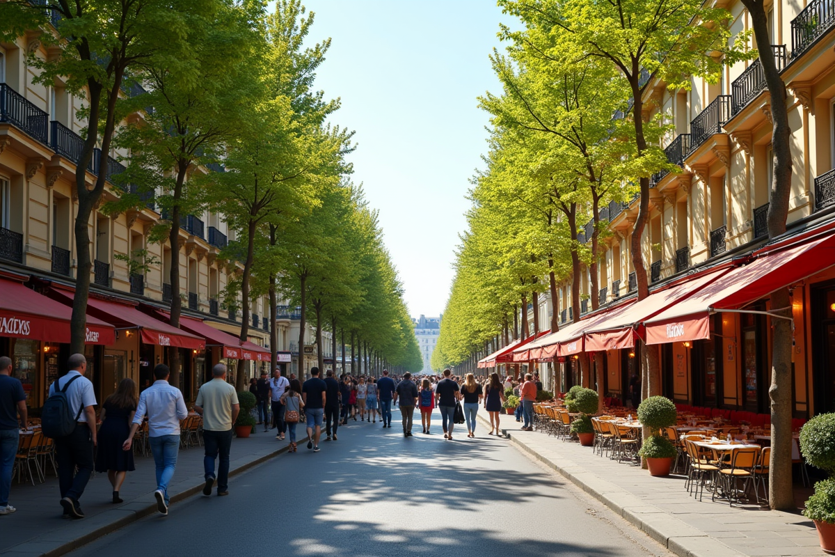Rue animée à Paris avec bâtiments haussmanniens et cafés