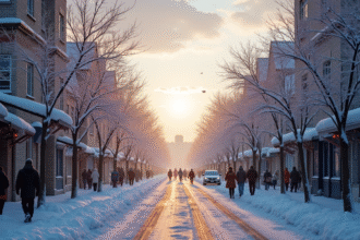 Rue urbaine enneigee au lever du soleil avec passants en hiver