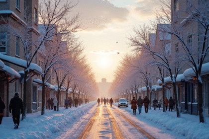 Rue urbaine enneigee au lever du soleil avec passants en hiver