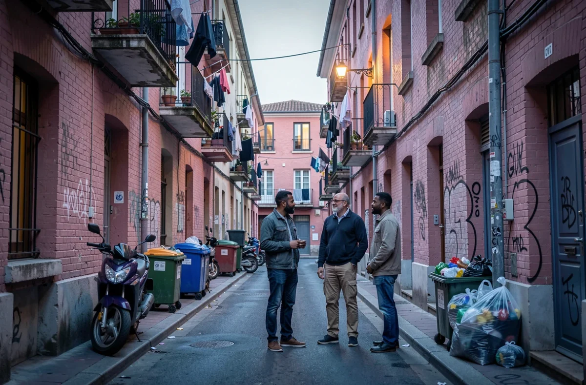 Groupe d'habitants discutant dans une ruelle typique de Toulouse au crépuscule, ambiance de quartier authentique