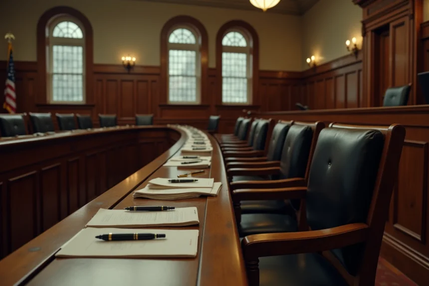 Salle d'audience vide avec box des jurés en bois patiné, illustrant l'univers judiciaire du film Juré n°2