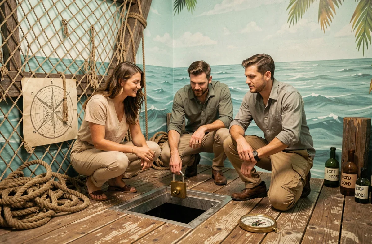 Trois participants explorant une salle à thème île déserte dans l'escape game Esc'ape du Loiret