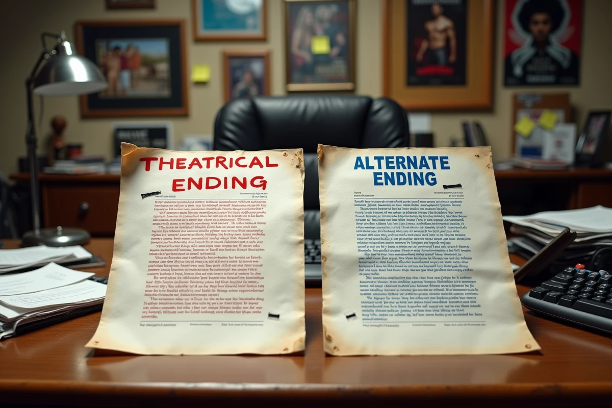 Deux versions de scénario côte à côte montrant la fin cinéma et la fin alternative du film Juré n°2, annotées de notes de production