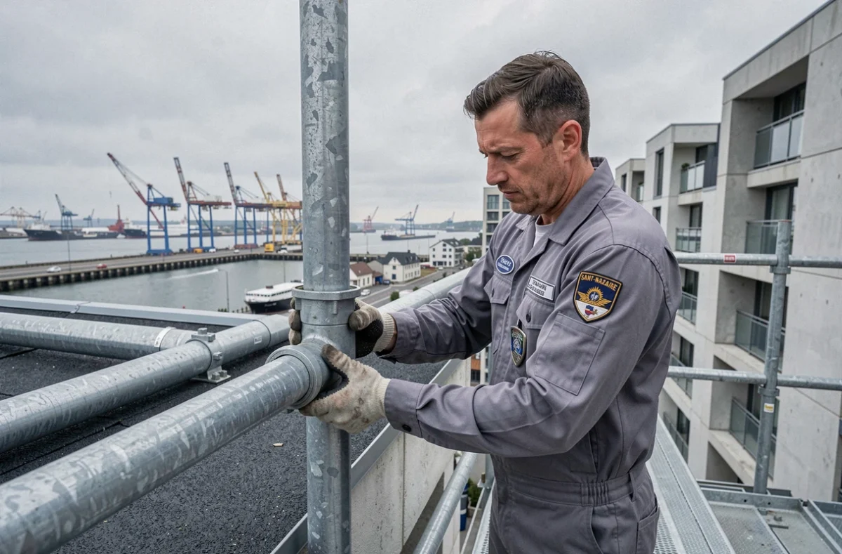 Multi-services SDP à Saint-Nazaire fixant une descente pluviale sur l'extérieur d'un immeuble résidentiel moderne