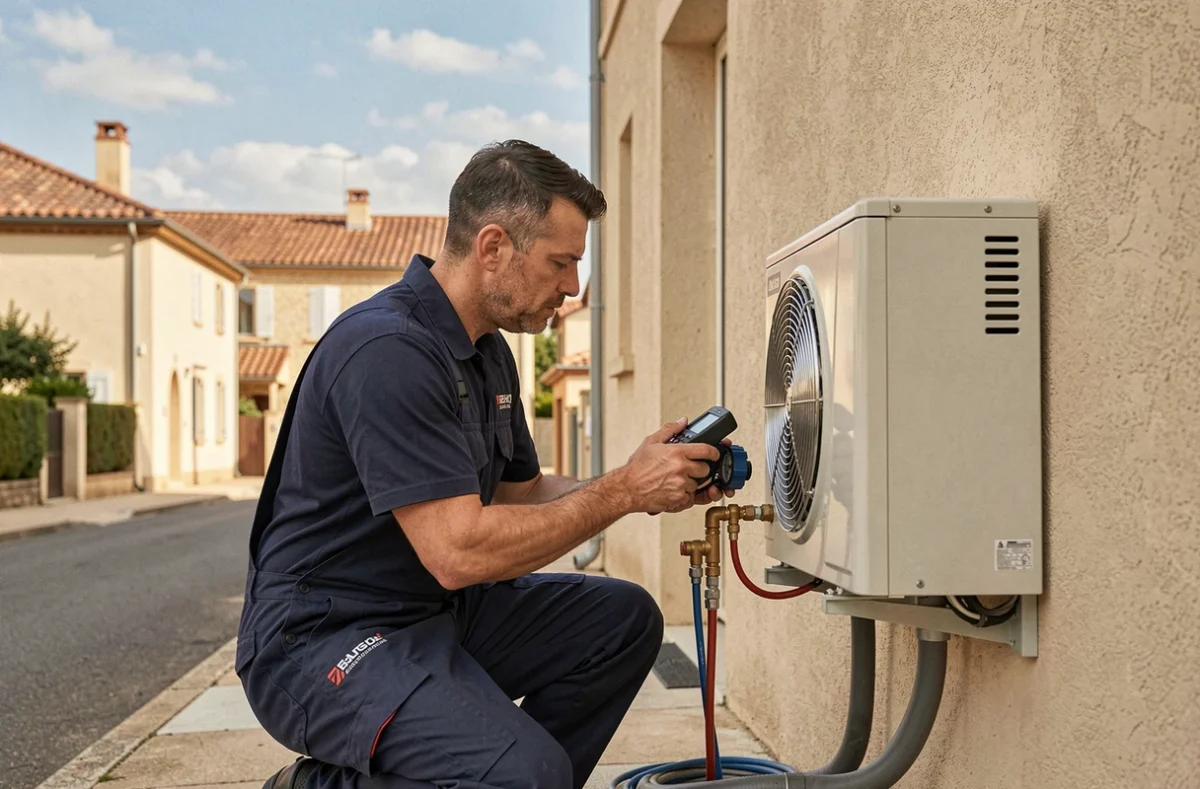 Technicien Sol'Eole Albi installant une pompe à chaleur aérothermique sur une maison à Albi