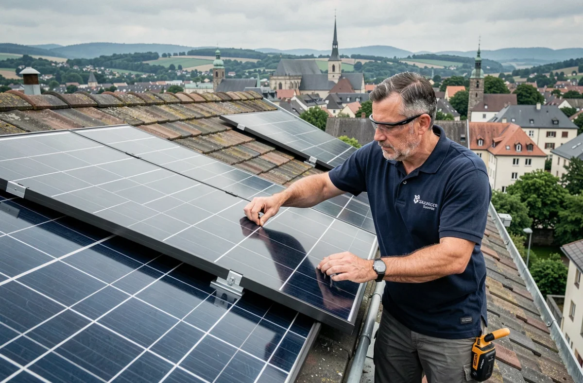 Technicien de Solskin 68 installant des panneaux solaires sur un toit à Mulhouse