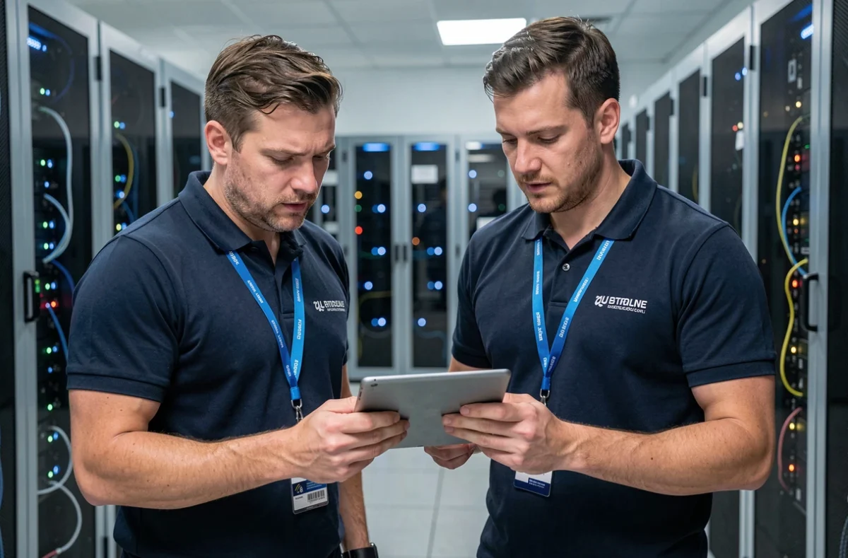Ingénieurs de SPIE ICS Direction Grand Est travaillant dans une salle serveur à Mulhouse