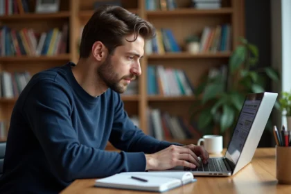 Homme concentré analysant une stratégie quotidienne sur ordinateur portable dans un bureau à domicile