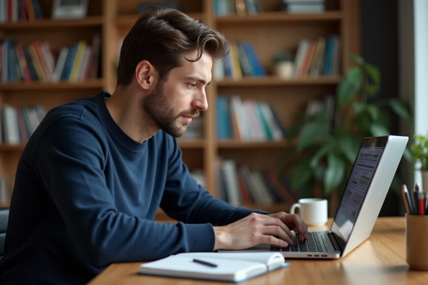 Homme concentré analysant une stratégie quotidienne sur ordinateur portable dans un bureau à domicile