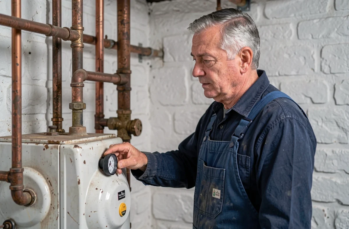 Chauffagiste expérimenté Sudre Gérard Ets inspectant une ancienne chaudière dans une maison traditionnelle du Tarn