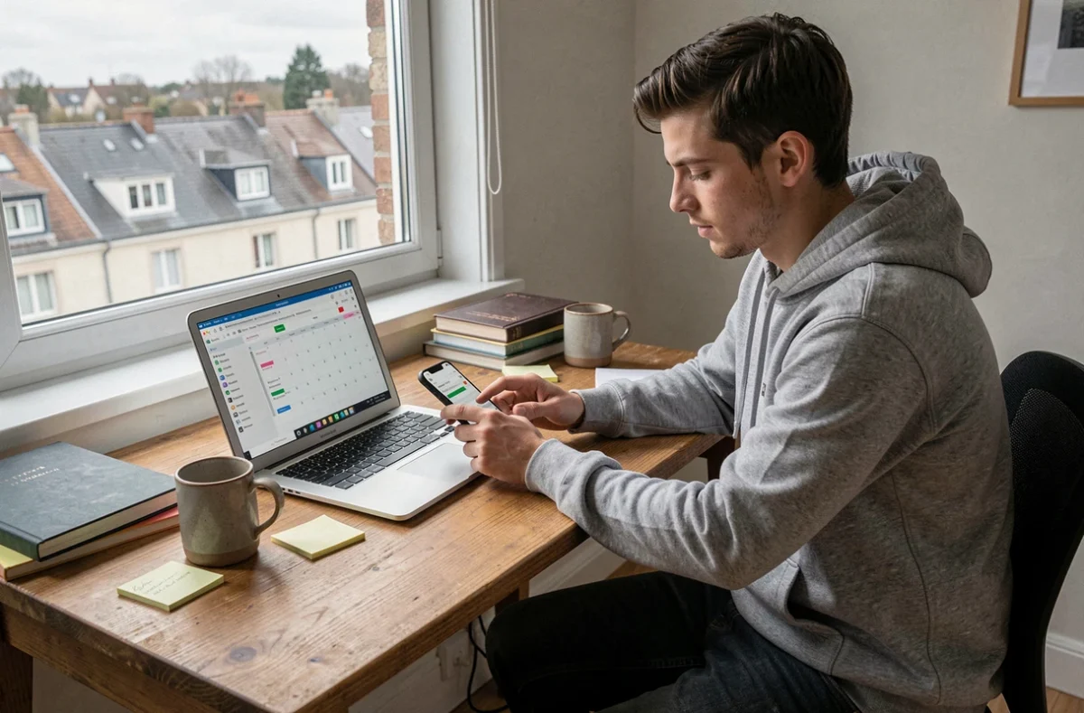 Jeune homme synchronisant les horaires de prières d'Argenteuil entre smartphone et agenda numérique sur ordinateur