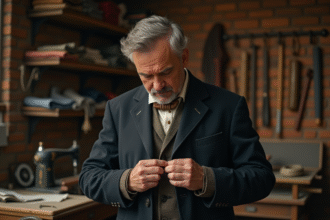 Homme d'âge moyen dans un atelier de tailleur ancien