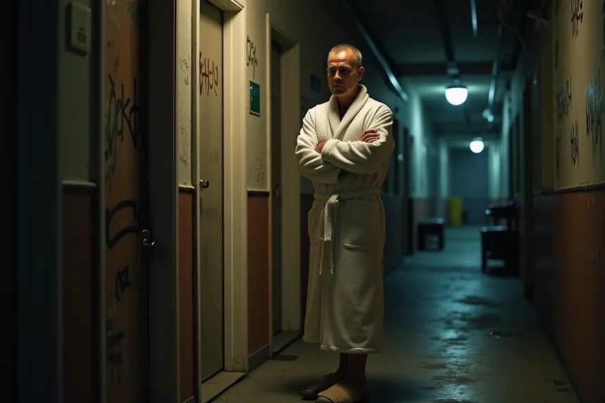 Voisin exaspéré en robe de chambre face au tapage nocturne dans un couloir d'immeuble la nuit