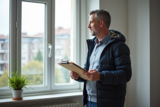 Technicien inspectant une fenetre isolante dans un appartement