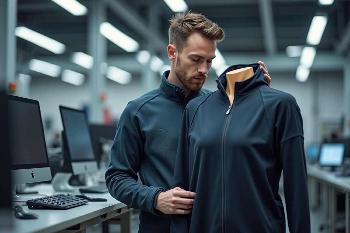 Technologue textile analysant une veste de sport innovante