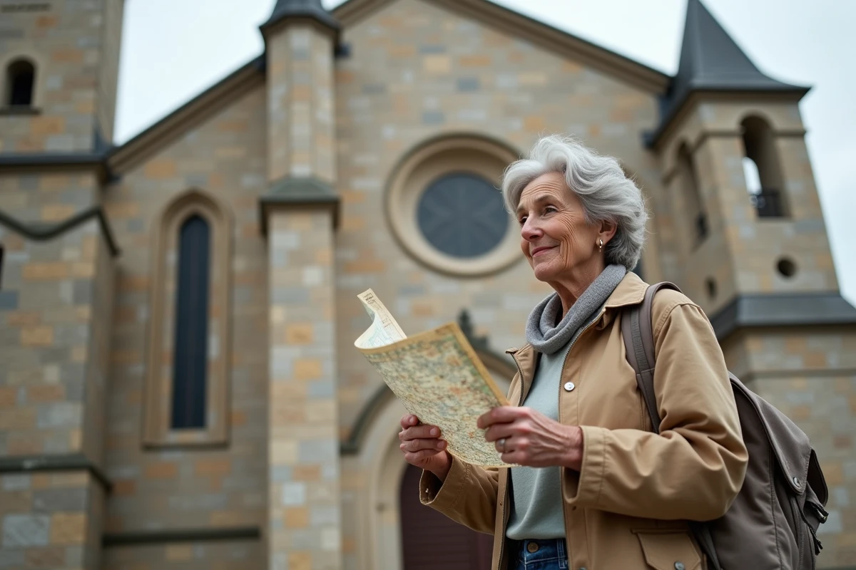 Touriste consultant une carte devant l'église romane en granite de Saint-Goussaud lors d'une visite du village en Creuse