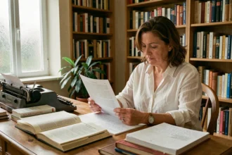 Femme traduisant l'expression antifasciste italienne avec des dictionnaires bilingues ouverts sur un bureau en bois