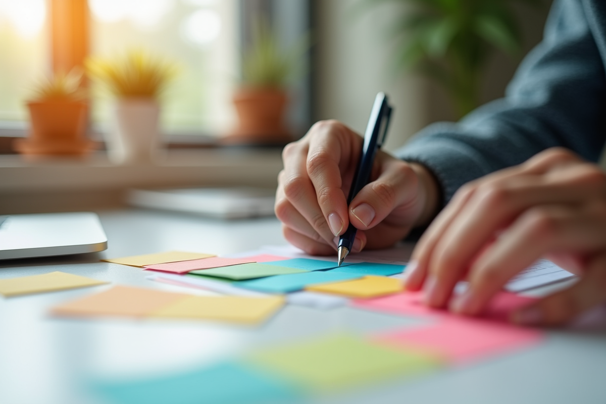 Mains triant des flashcards colorés sur une table moderne
