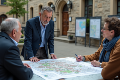 Urbaniste discutant de plans de zonage avec habitants