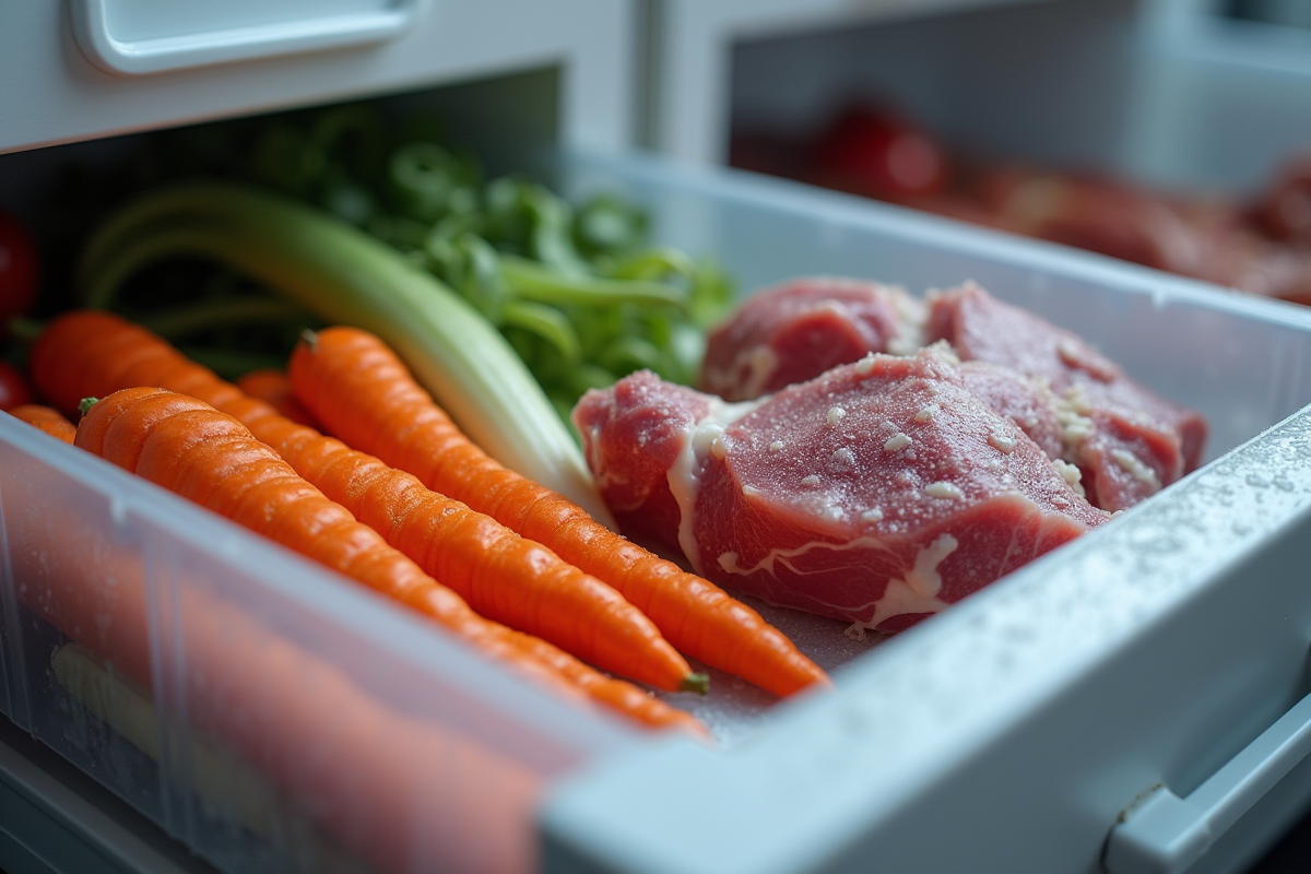 Légumes et viande partiellement dégelés dans un tiroir de congélateur en gros plan