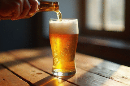 Main versant une bière dorée mousseuse dans un verre propre