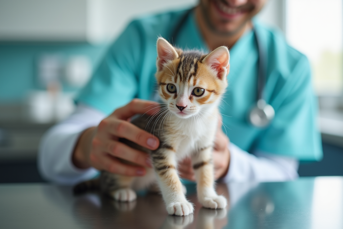 Vétérinaire tenant un chaton sur une table d'examen