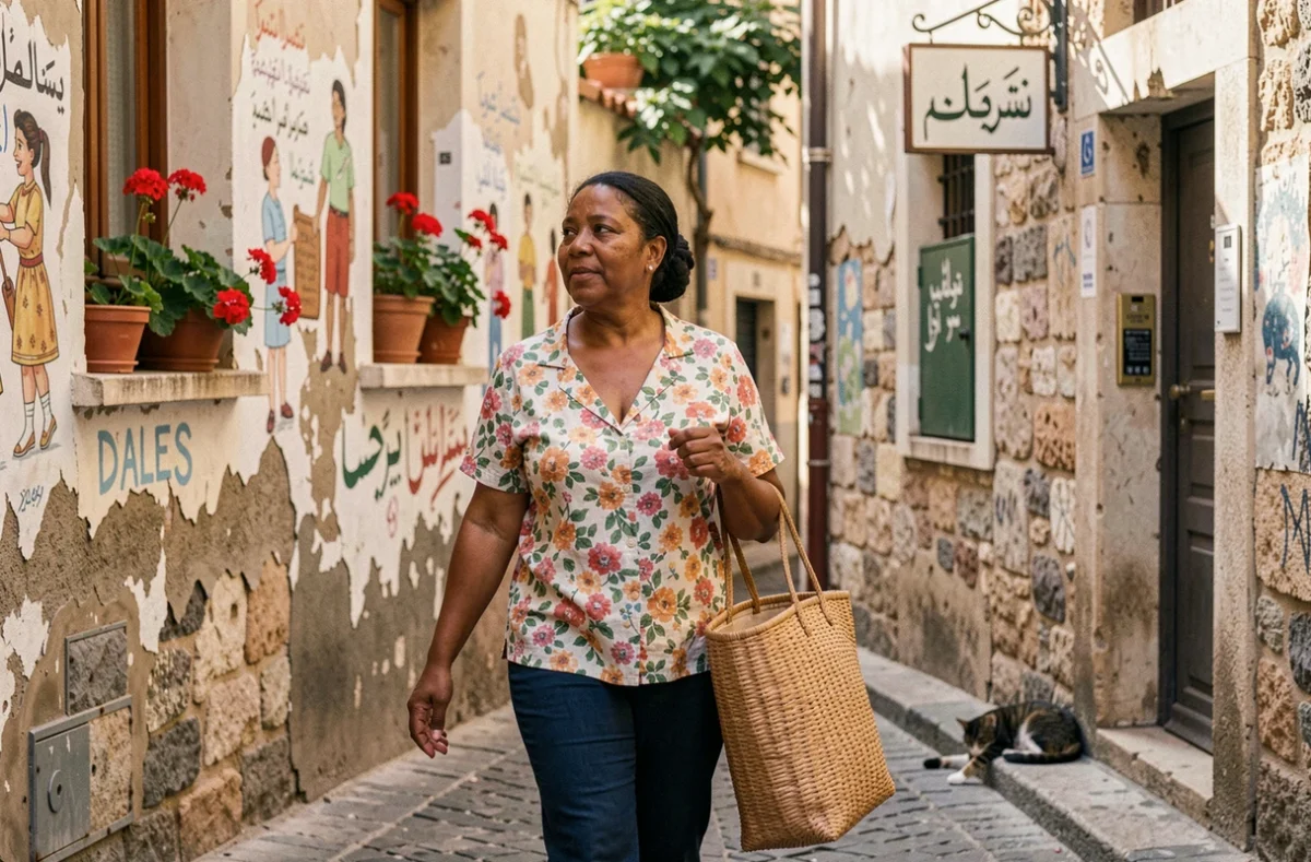 Femme se promenant dans une ruelle du quartier nord de Marseille, entourée de façades colorées et de décors de vie quotidienne