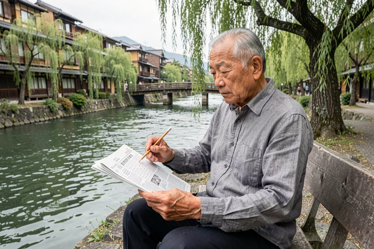 Vieil homme résolvant des mots croisés au bord de la rivière Kamo à Kyoto