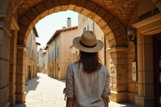 Femme explorant une boutique d'Armagnac sous les arcades médiévales d'un village du Gers en France