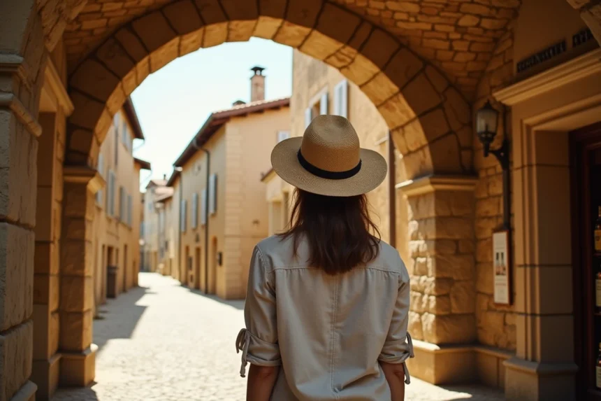 Femme explorant une boutique d'Armagnac sous les arcades médiévales d'un village du Gers en France